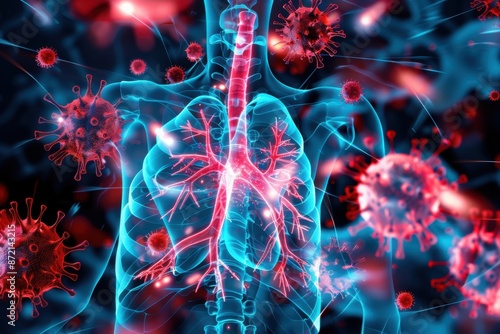 Lung Infection, Blue human lungs with red virus cells, Medical Illustration
