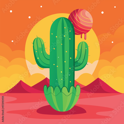 Green Cactus With Pink Orb In Desert Landscape At Sunset, A green cactus stands tall in a desert landscape, with a pink orb perched atop its crown, melting and dripping down its side.