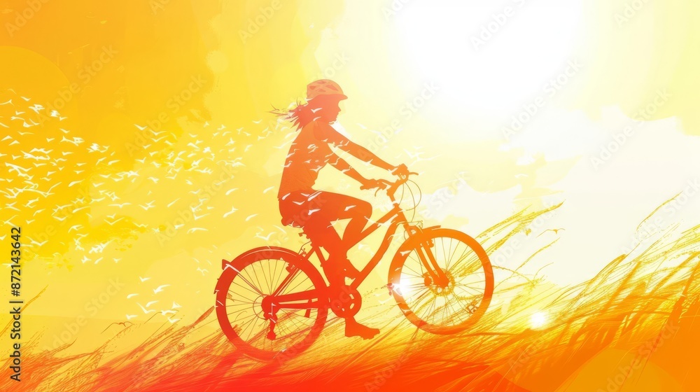 Obraz premium graphic of a person air cycling against a sunny outdoor background, bright and cheerful, summer workout