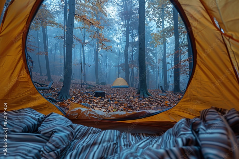 View from foggy forest camping tent. View from foggy forest camping tent.