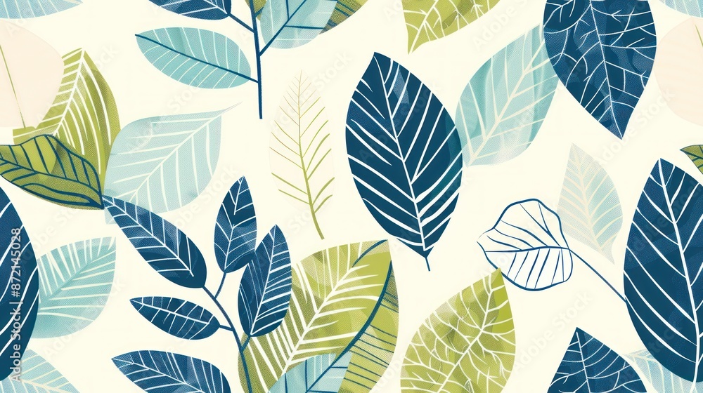 Seamless Pattern of Blue and Green Leaves on Cream Background Seamless Pattern of Blue and Green Leaves on Cream Background
