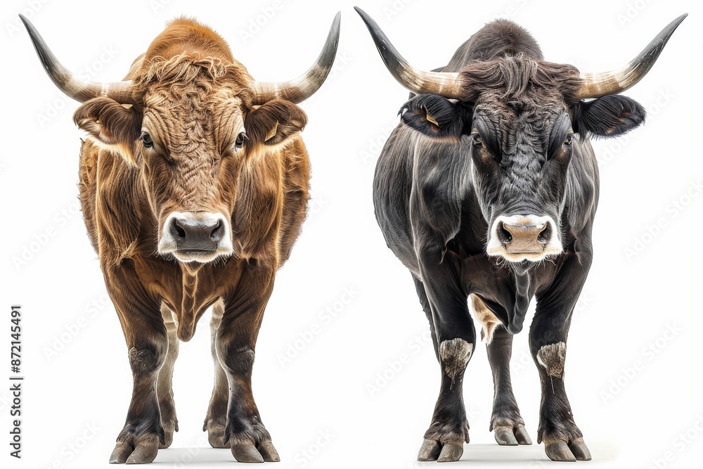 Two Majestic Bulls Standing Side by Side on a White Background, Showcasing Their Powerful Presence and Unique Colors Two Majestic Bulls Standing Side by Side on a White Background, Showcasing Their Powerful Presence and Unique Colors