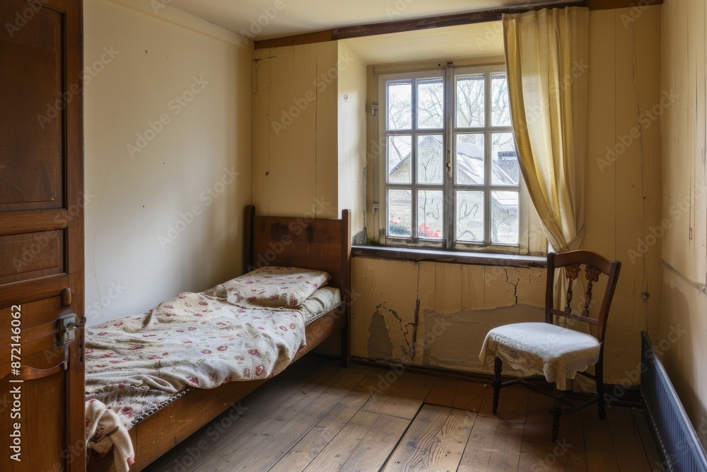 Interior of an old house with a wooden bed and a window Interior of an old house with a wooden bed and a window