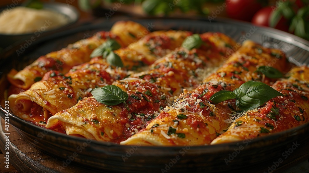 A close-up of a pan containing food with sauce, cheese, basil, and tomatoes in the background A close-up of a pan containing food with sauce, cheese, basil, and tomatoes in the background