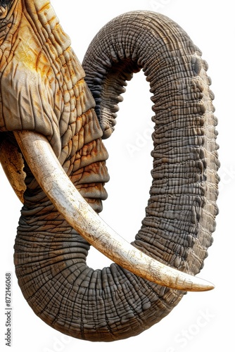Close-Up of Elephant Trunk and Tusks with Detailed Texture on White Background © AIPhoto
