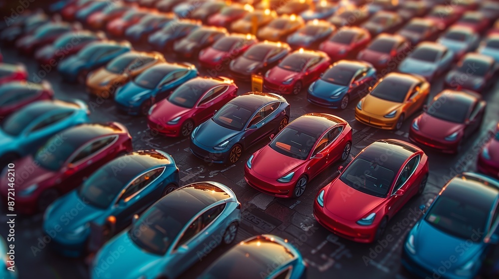 Fototapeta premium Rows of Electric Cars Parked in a Lot at Sunset