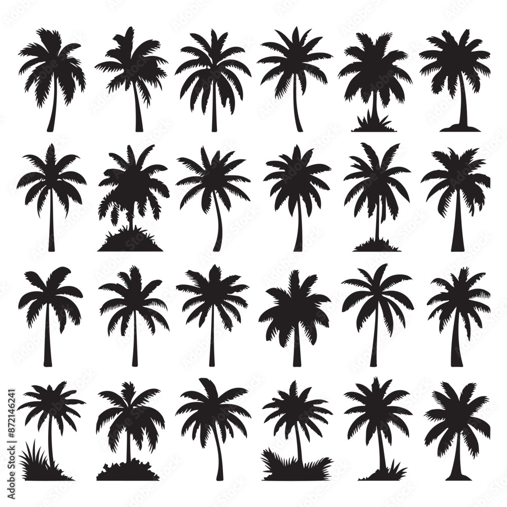 Set of palm tree silhouettes isolated on a white background, Vector illustration. Set of palm tree silhouettes isolated on a white background, Vector illustration.