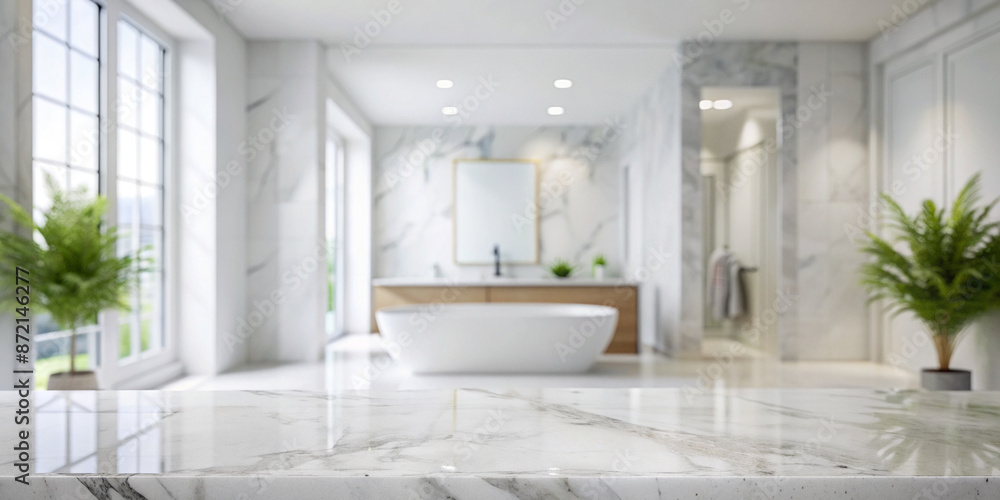 White bathroom interior. Empty marble table top for product display with blurred bathroom interior background. digital ai art White bathroom interior. Empty marble table top for product display with blurred bathroom interior background. digital ai art