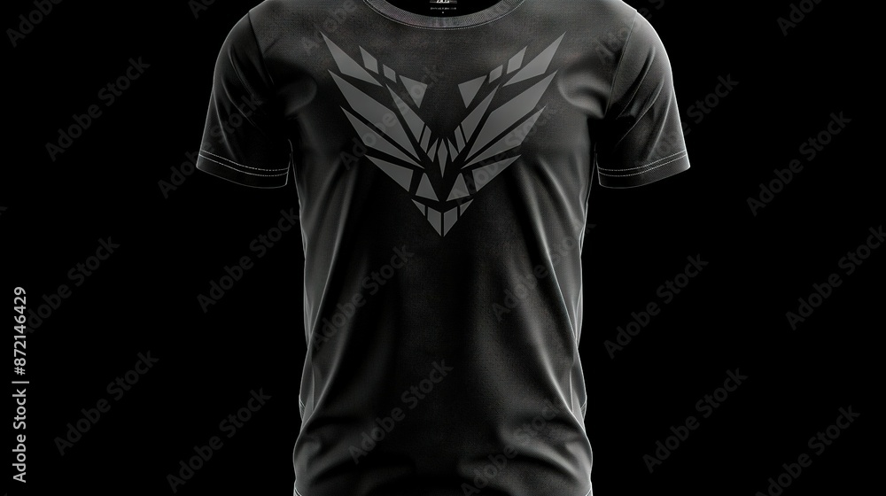 A black T-shirt featuring a stylized bird of prey image on its front A black T-shirt featuring a stylized bird of prey image on its front