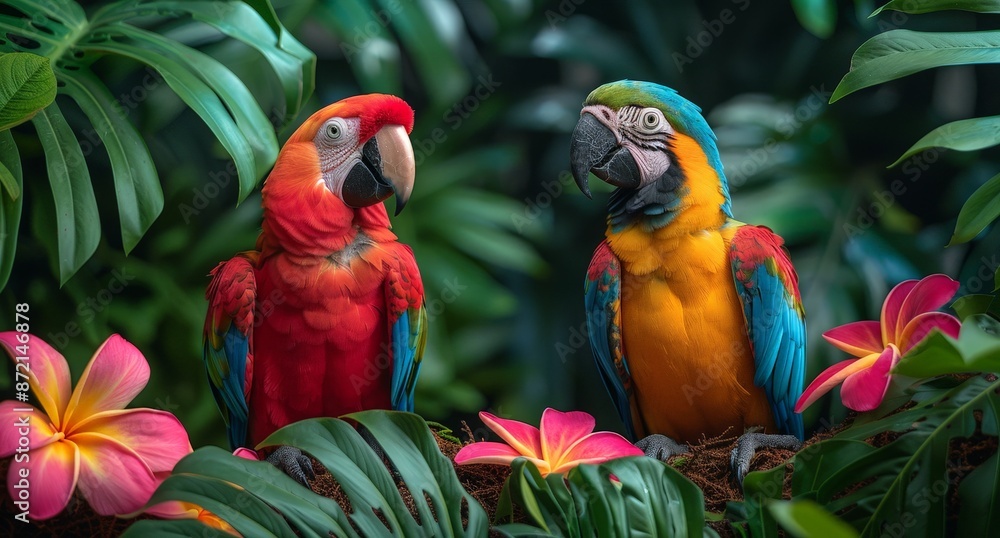 Fototapeta premium Exotic colorful background with macaws in the jungle surrounded by lush vegetation and blooming flowers