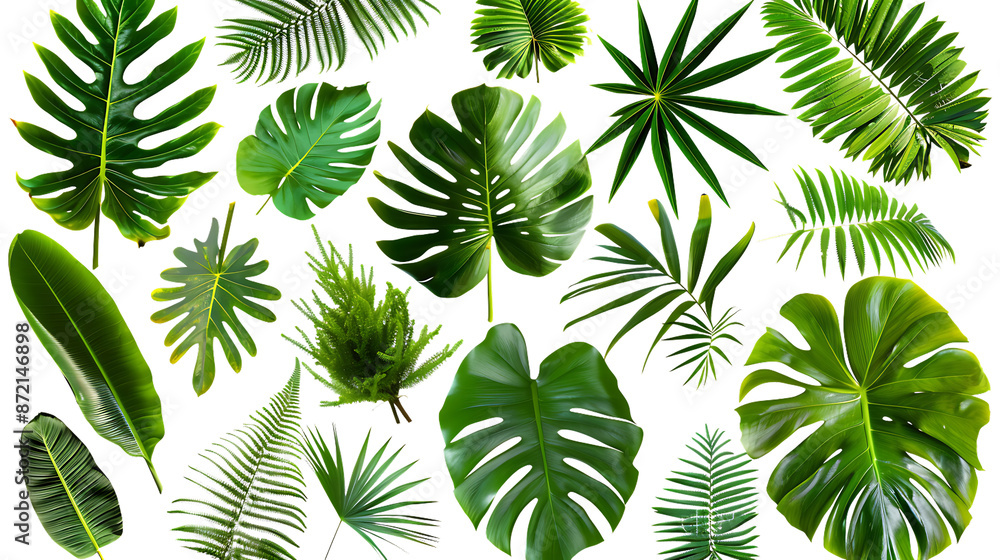 Tropical Leaf Illustration - Collection of Green Leaves on Black Background Tropical Leaf Illustration - Collection of Green Leaves on Black Background