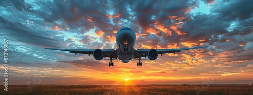 Flying airplane at sunrise,...
