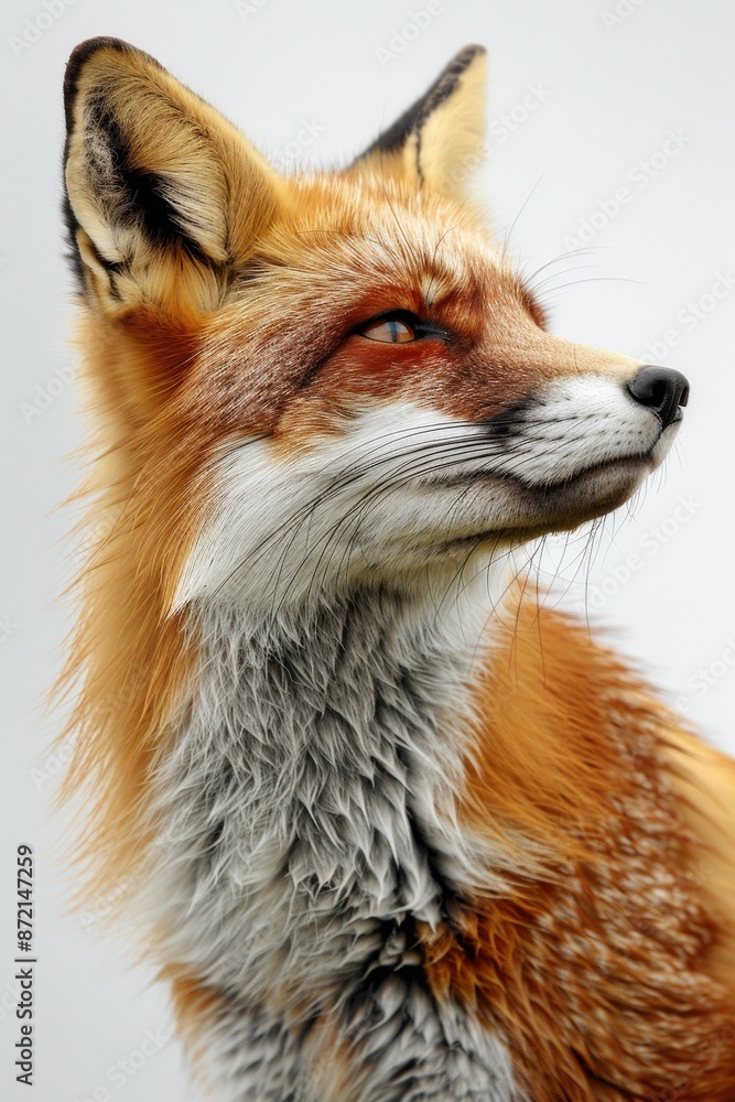 Close-Up Portrait of a Red Fox with Detailed Fur and Whiskers Against a White Background Close-Up Portrait of a Red Fox with Detailed Fur and Whiskers Against a White Background