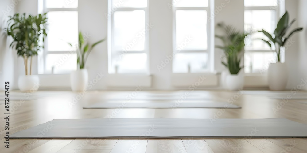 Fototapeta premium Serene yoga studio set up for class with mats and props. Concept Yoga Studio Setup, Serene Environment, Meditation Space, Wellness Equipment, Relaxation Ambiance