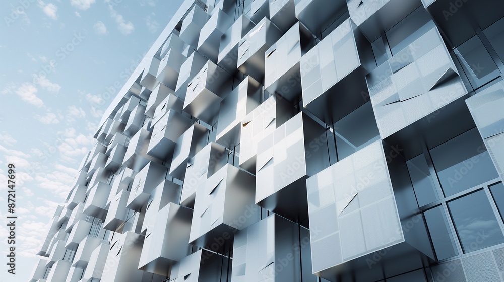 Obraz premium Modern building with a unique facade, The building is made up of many cube-shaped modules, each with its own window, The modules are arranged in a seemingly random pattern. 