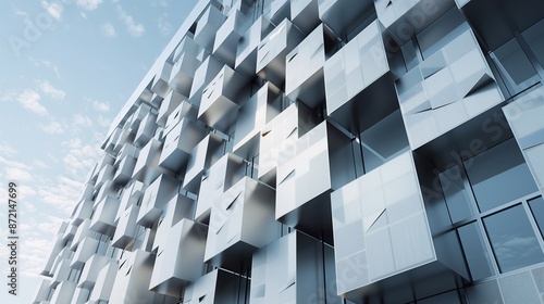 Modern building with a unique facade, The building is made up of many cube-shaped modules, each with its own window, The modules are arranged in a seemingly random pattern. 