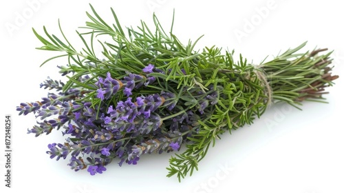 A bundle of freshly picked lavender and rosemary waiting to be steeped in hot water for a soothing drink.