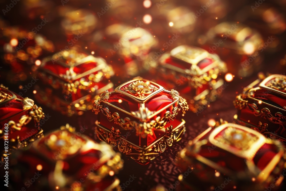 Rows of ornate, golden-red jewelry boxes with intricate designs, captured in warm, glowing light, creating a luxurious atmosphere. Rows of ornate, golden-red jewelry boxes with intricate designs, captured in warm, glowing light, creating a luxurious atmosphere.
