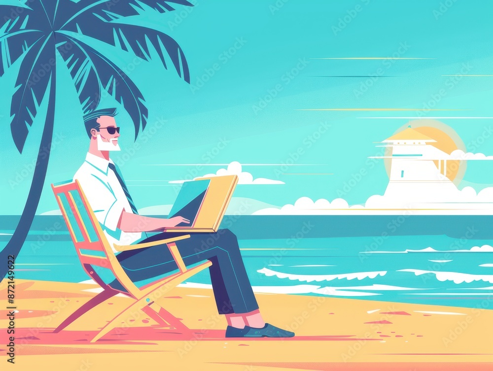 Illustration of a businessman working on a laptop at the beach, under a palm tree, wearing sunglasses and enjoying the sunset. Illustration of a businessman working on a laptop at the beach, under a palm tree, wearing sunglasses and enjoying the sunset.