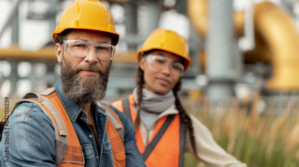 man and a woman working by a wind turbine . construction man and a woman working by a wind turbine . construction