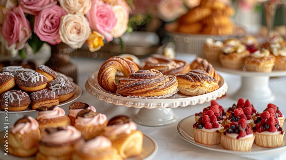 assorted pastries being served at a brunch table, Includes danishes, tarts, Elegant presentation with fresh flowers assorted pastries being served at a brunch table, Includes danishes, tarts, Elegant presentation with fresh flowers