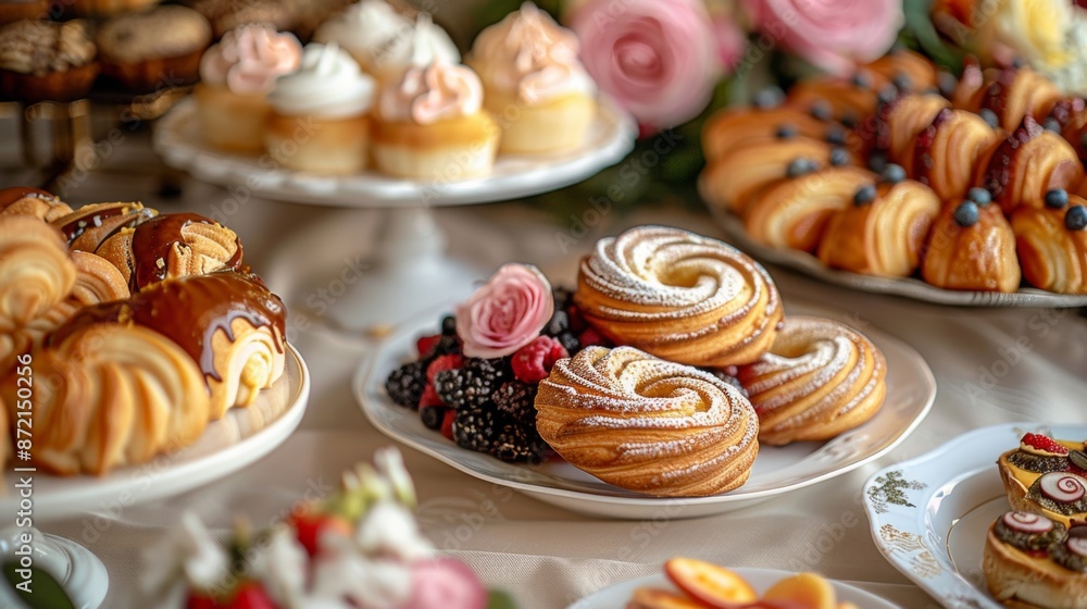 assorted pastries being served at a brunch table, Includes danishes, tarts, Elegant presentation with fresh flowers assorted pastries being served at a brunch table, Includes danishes, tarts, Elegant presentation with fresh flowers