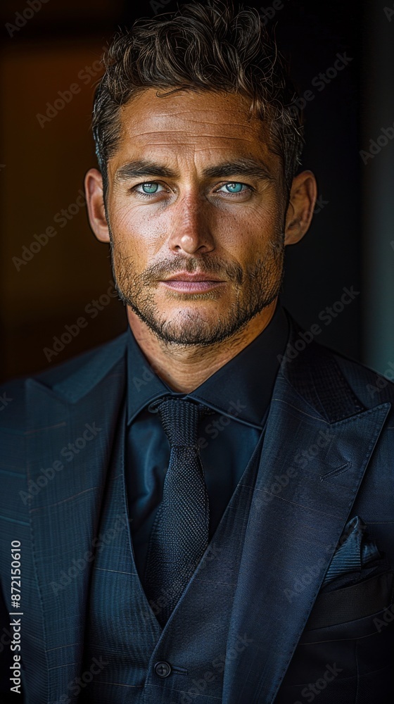 Fototapeta premium a male dressed in a black suit, black shirt and tie, black background