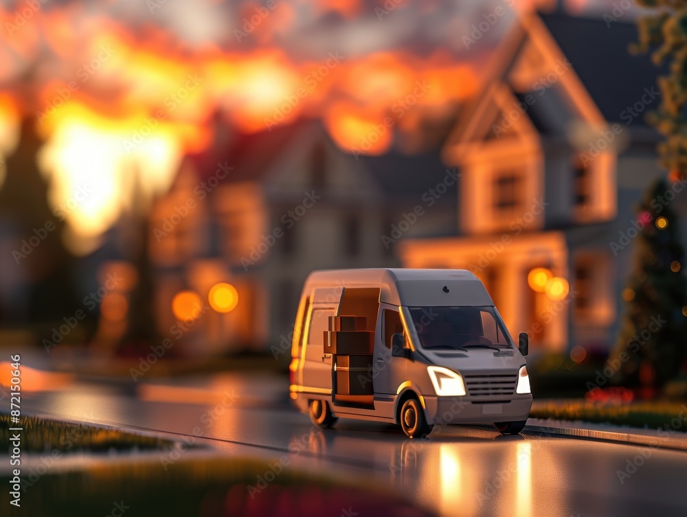 Fototapeta premium Delivery van parked in a suburban neighborhood at sunset, showcasing residential delivery services and serene evening scenery.