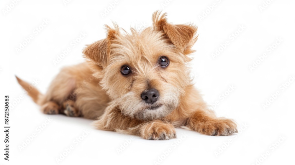 Small tan dog with stumpy tail on white background Small tan dog with stumpy tail on white background