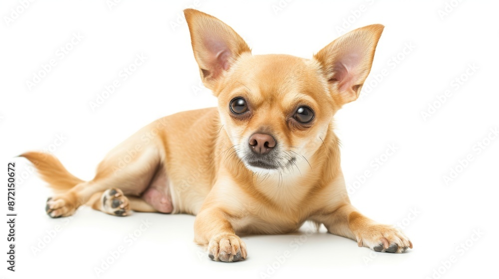 Small tan dog with stumpy tail on white background Small tan dog with stumpy tail on white background