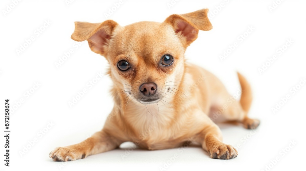 Small tan dog with stumpy tail on white background Small tan dog with stumpy tail on white background