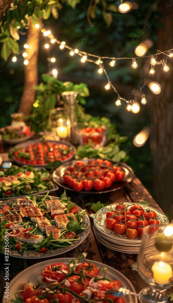 Beautiful Summer Evening Picnic Setup with Fresh Tomato Dishes and Fairy Light Illumination Beautiful Summer Evening Picnic Setup with Fresh Tomato Dishes and Fairy Light Illumination