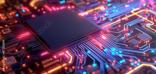 Close-up of a colorful, illuminated circuit board and microchip, showcasing modern technology and electronic components in vivid detail. © DJSPIDA FOTO