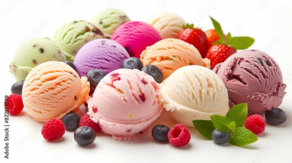 Ice cream scoops adorned with various fruit toppings, isolated on a white background Ice cream scoops adorned with various fruit toppings, isolated on a white background