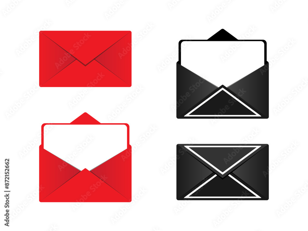 Mail envelope is red and black icon set. Email mockup open and closed with white blank paper. Vector illustration on a white background. EPS 10. Mail envelope is red and black icon set. Email mockup open and closed with white blank paper. Vector illustration on a white background. EPS 10.