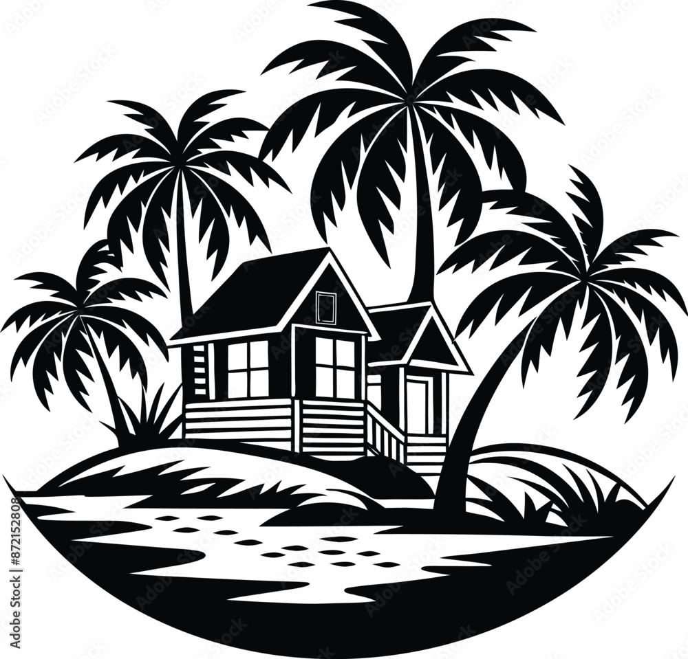 custom made wallpaper toronto digitalTropical island and beach house silhouette  black and white