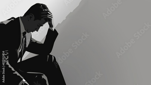 Black and white graphic image of a sad young businessman sitting with head bowed - World Suicide Prevention Day.