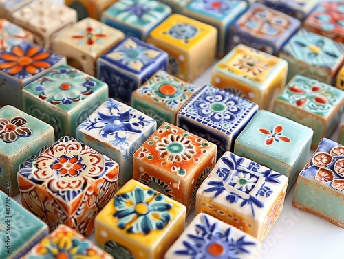 close-up of hand-painted ceramic tiles, showcasing traditional artwork and vibrant colors. © Lamina