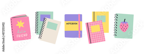 Paper notebooks, diaries set. Planners, organizers and scrapbooks for plans, notes. Flat vector illustrations i