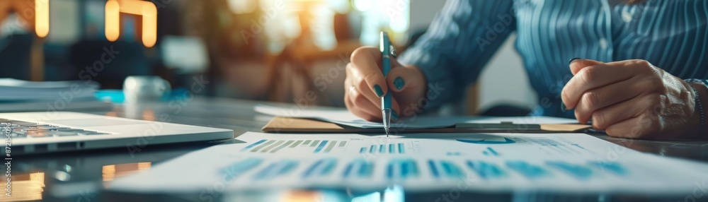Businesswoman analyzing financial graphs and charts with pen in office Businesswoman analyzing financial graphs and charts with pen in office