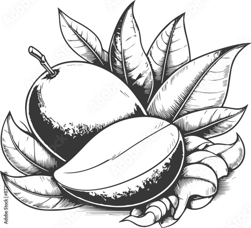 Mango outline vector on a white background, Set of mango fruit hand-drawn elements botanical illustration