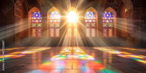 Vibrant Stained Glass Windows Illuminating the Interior of Nasir alMulk Mosque. Concept Architecture, Islamic Art, Light and Shadows, Vibrant Colors, Religious Buildings