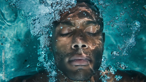 Image of a young man closing his eyes underwater at night full body photo . World Suicide Prevention Day.