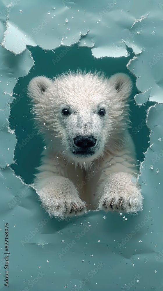 Fototapeta premium Cute polar bear, in a hole in a broken ice. Polar bear on drift ice edge with snow and water. White big animal in the nature habitat. advertisement concept, banner