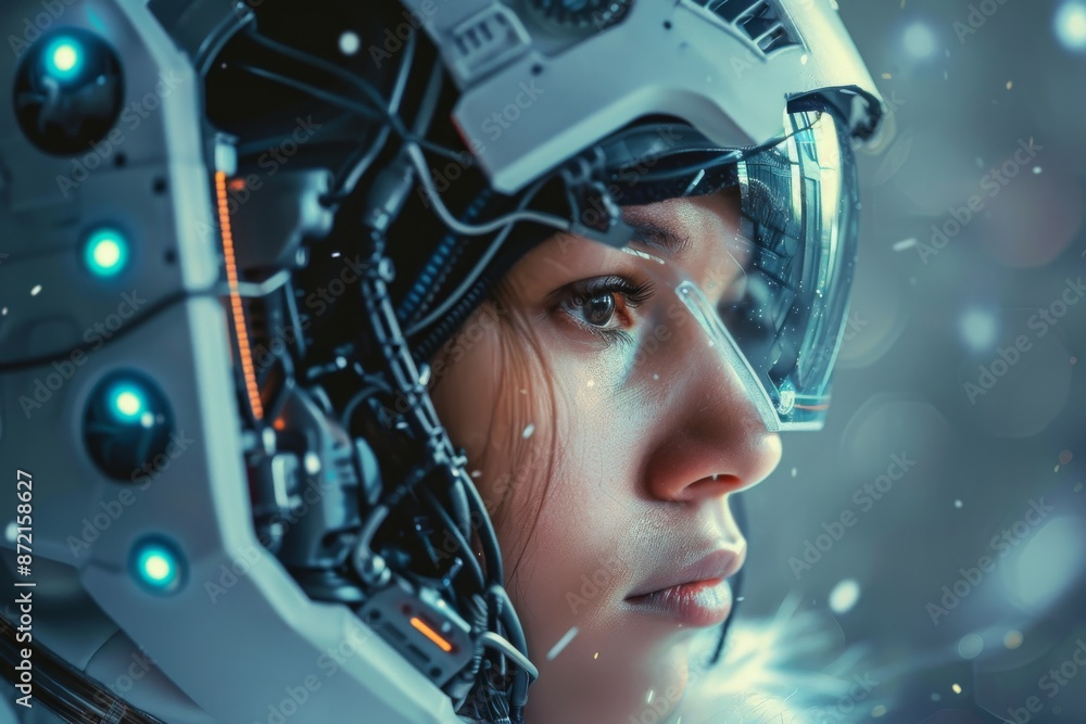 A woman in a futuristic helmet with glowing lights looks out into a snowy environment A woman in a futuristic helmet with glowing lights looks out into a snowy environment