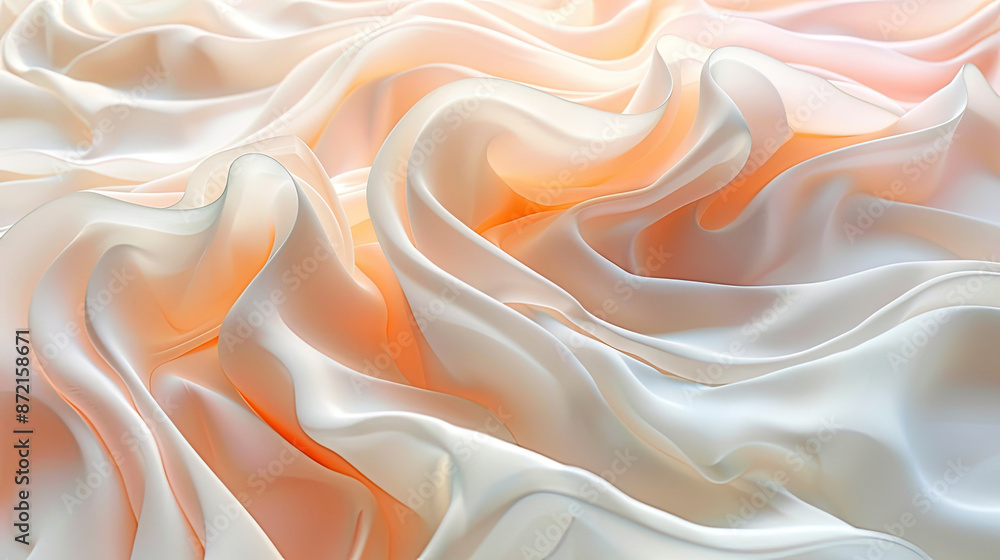 Fototapeta premium Abstract peach and white silk fabric texture. Showing its soft, flowing translucent texture and subtle color gradient. Fabric is arranged in folds and waves, creating an abstract gentle pattern.