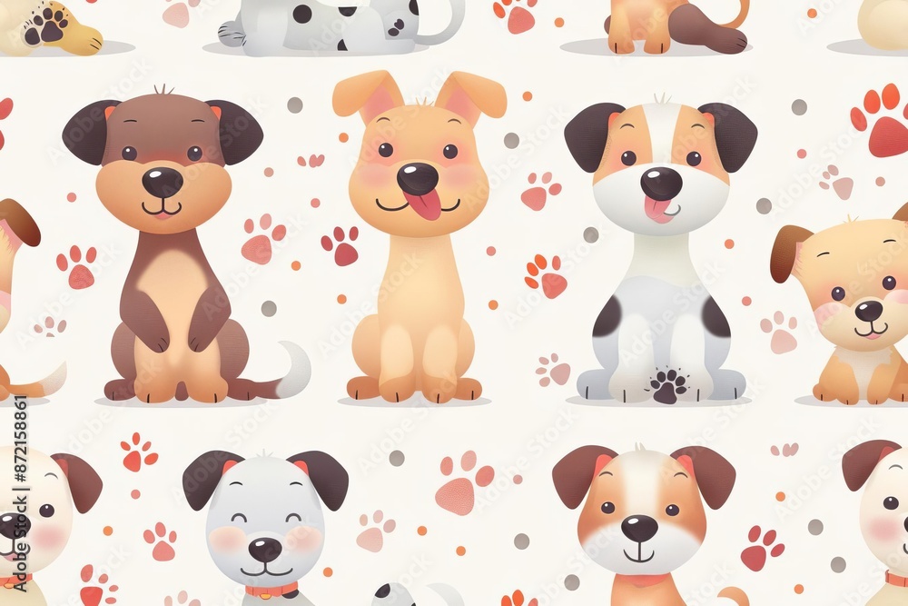 Adorable puppies and paw prints, playful, seamless pattern, vector graphic Adorable puppies and paw prints, playful, seamless pattern, vector graphic