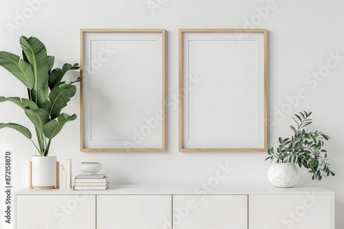 Minimalist mockup of two wooden frames on a white wall with a white cabinet and a green plant