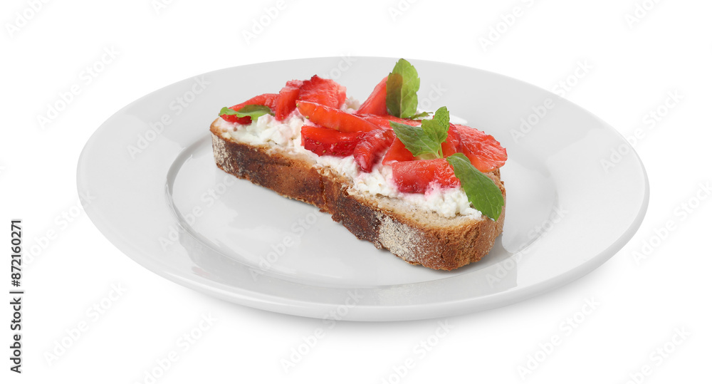 Delicious bruschetta with fresh ricotta (cream cheese), strawberry and mint isolated on white Delicious bruschetta with fresh ricotta (cream cheese), strawberry and mint isolated on white