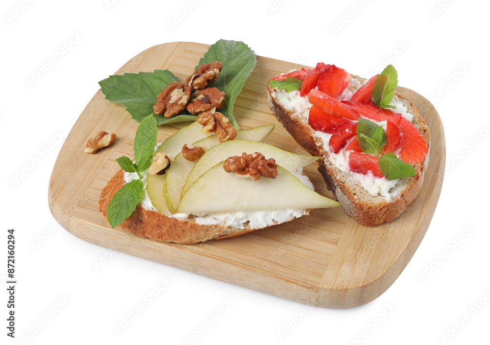 Delicious bruschettas with fresh ricotta (cream cheese), strawberry, mint and pear isolated on white Delicious bruschettas with fresh ricotta (cream cheese), strawberry, mint and pear isolated on white